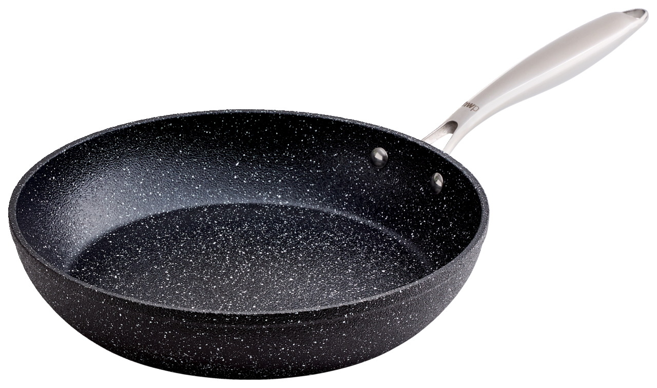 Aluminium-Pfanne mit 28 cm Durchmesser, seitliche Perspektive, schwarze Antihaftbeschichtung mit weißen Sprenkeln, silberner Griff