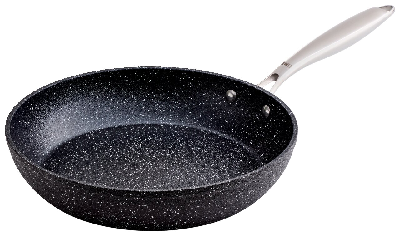 Aluminium-Pfanne mit 28 cm Durchmesser, seitliche Perspektive, schwarze Antihaftbeschichtung mit weißen Sprenkeln, silberner Griff