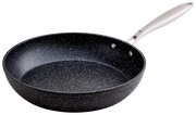 Aluminium-Pfanne mit 28 cm Durchmesser, seitliche Perspektive, schwarze Antihaftbeschichtung mit weißen Sprenkeln, silberner Griff