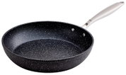 Aluminium koekenpan met een diameter van 28 cm, zijaanzicht, zwarte antiaanbaklaag met witte spikkels, zilveren handvat