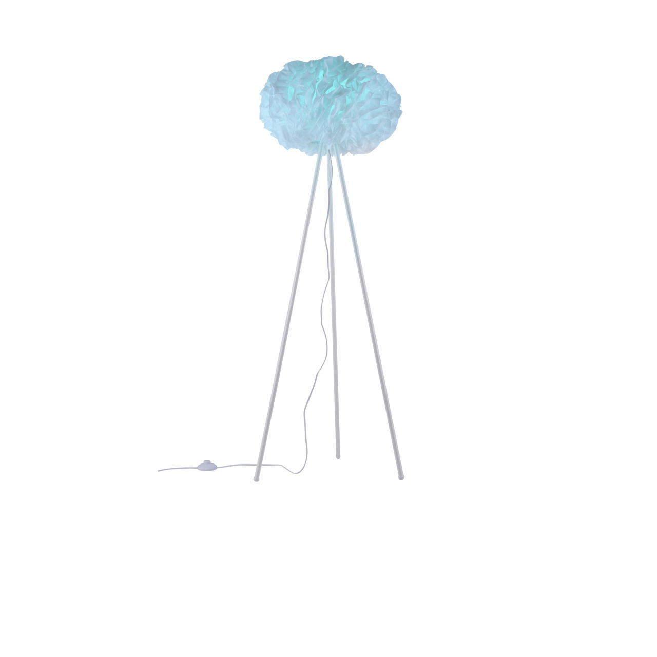 Stehleuchte LOLAsmart-NAOMI mit dreibeinigem Stativ und wolkenartigem Lampenschirm, aus der Frontalperspektive. Inklusive Fernbedienung und Farbwechsel-Optionen.