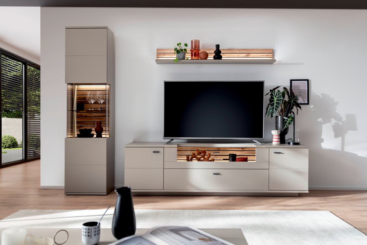 Moderne Wandkombination mit TV-Schrank, Vitrine und Regal in einem hellen Wohnzimmer, frontal betrachtet.