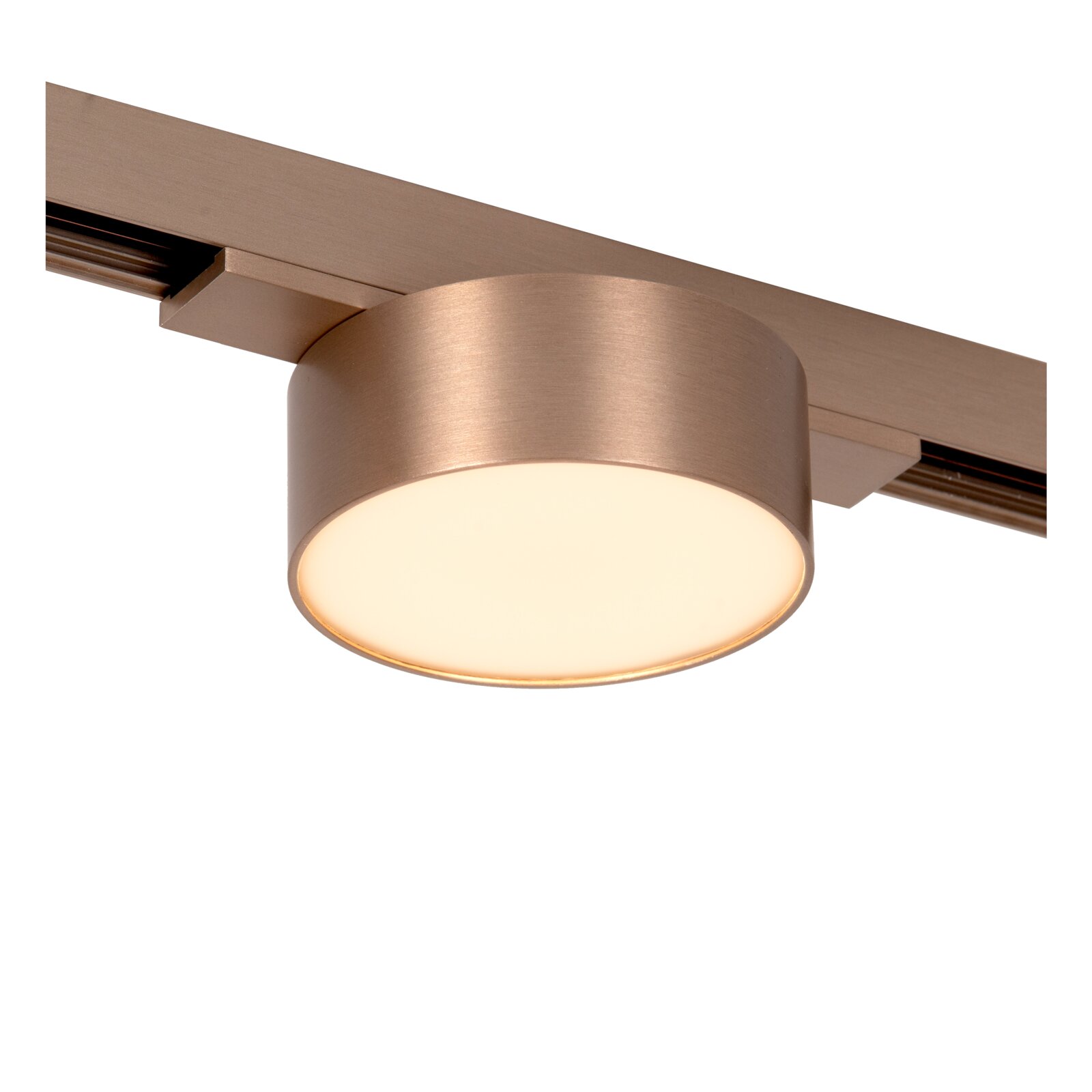 Lucide LED-Schienenstrahler LINIAL Runde LED-Deckenleuchte in gebürsteter Bronze an einer Stromschiene, warmweiß leuchtend, Ansicht von unten in leichter Schrägperspektive