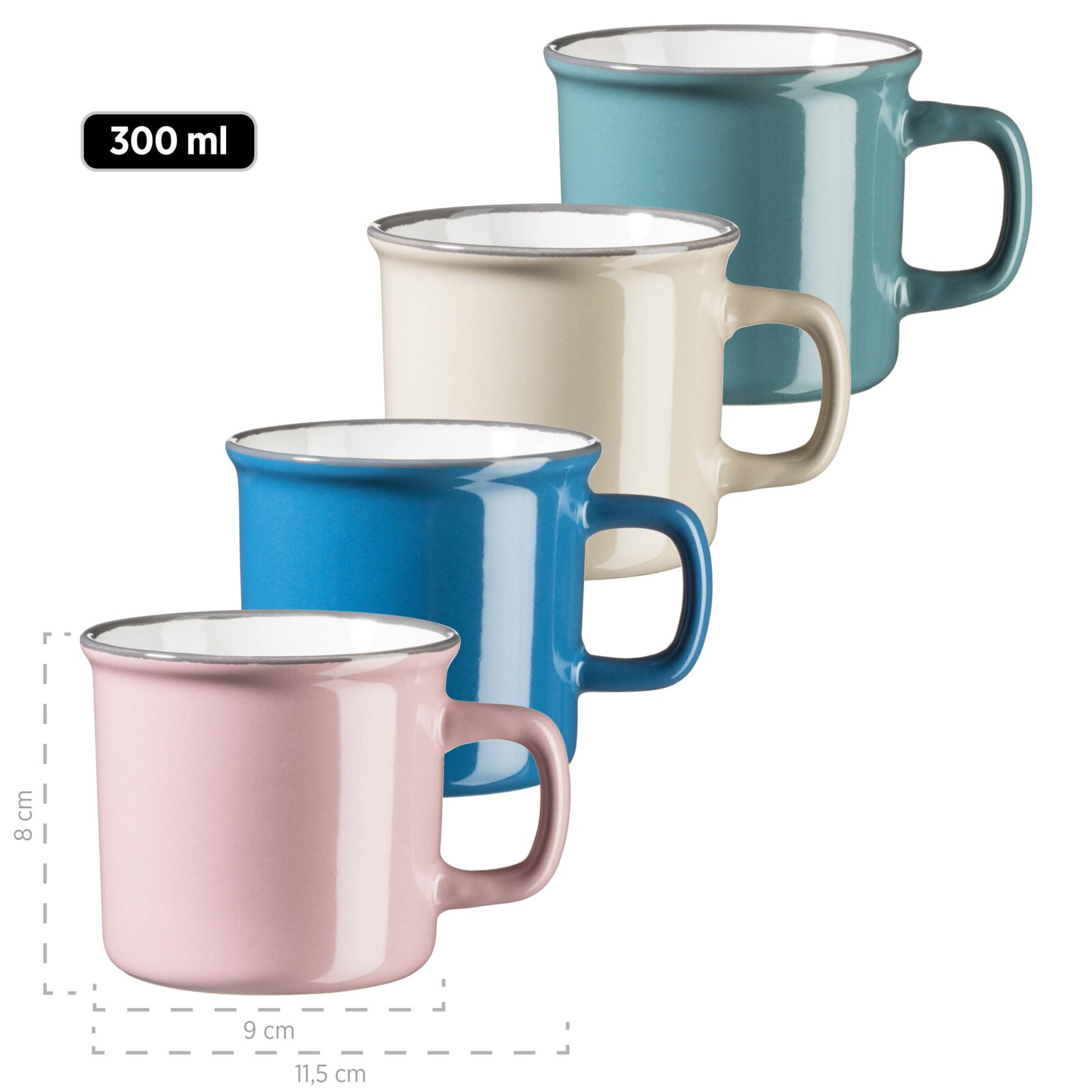 Mehrere glänzende Keramik-Kaffeebecher mit Henkel in Pastellfarben (Türkis, Creme, Blau, Rosa), 300 ml, mit Maßangaben (ca. 8 cm hoch, 9 cm Durchmesser, 11,5 cm Breite inkl. Henkel), freigestellt vor weißem Hintergrund, Perspektive: leicht schräg von vorn