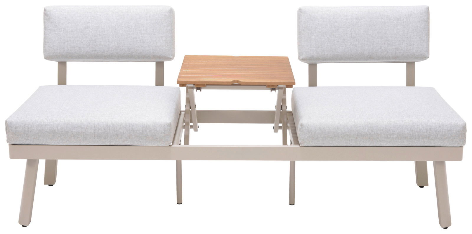 Frontale Ansicht einer Lounge-Kombination mit zwei grauen Sitzflächen und einem Holztisch in der Mitte.