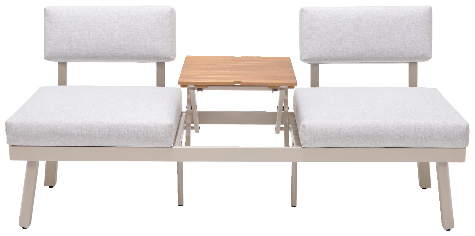 Frontale Ansicht einer Lounge-Kombination mit zwei grauen Sitzflächen und einem Holztisch in der Mitte.