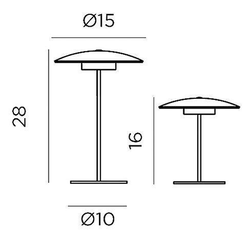 Technische lijntekening van een paddestoelvormig onderdeel met afmetingen (hoogte 28/16, diameter Ø15 en Ø10), zijaanzicht.