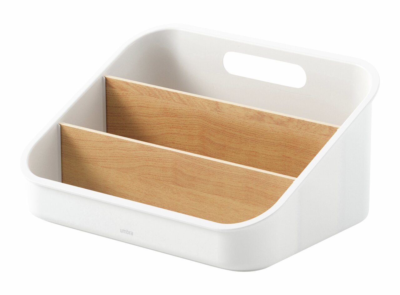 Weißer und naturfarbener Organizer mit zwei Fächern, aus schräger Perspektive fotografiert.