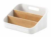 Weißer und naturfarbener Organizer mit zwei Fächern, aus schräger Perspektive fotografiert.