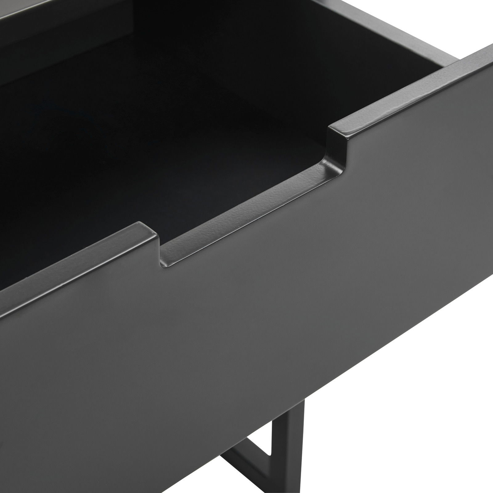 Nahaufnahme einer modernen, schwarzen Nachtkonsole mit offener Schublade, seitliche Perspektive