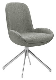 Moderner grauer Stuhl mit gepolsterter Sitzfläche und Rückenlehne, auf einem stabilen Metallgestell mit vier Beinen. Seitenansicht.