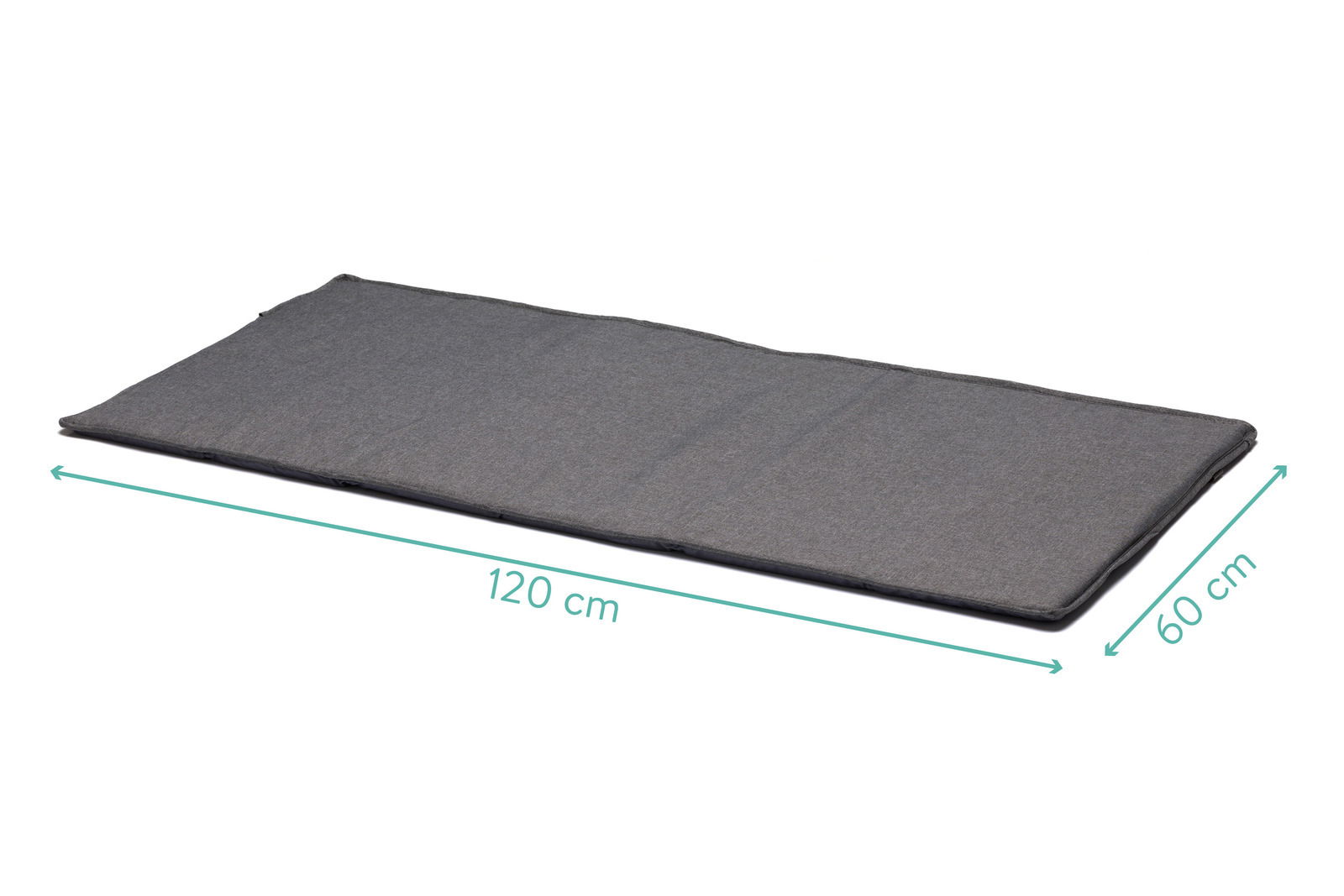 Graue Matratze für Reisebett, 120 cm lang und 60 cm breit, aus seitlicher Perspektive fotografiert