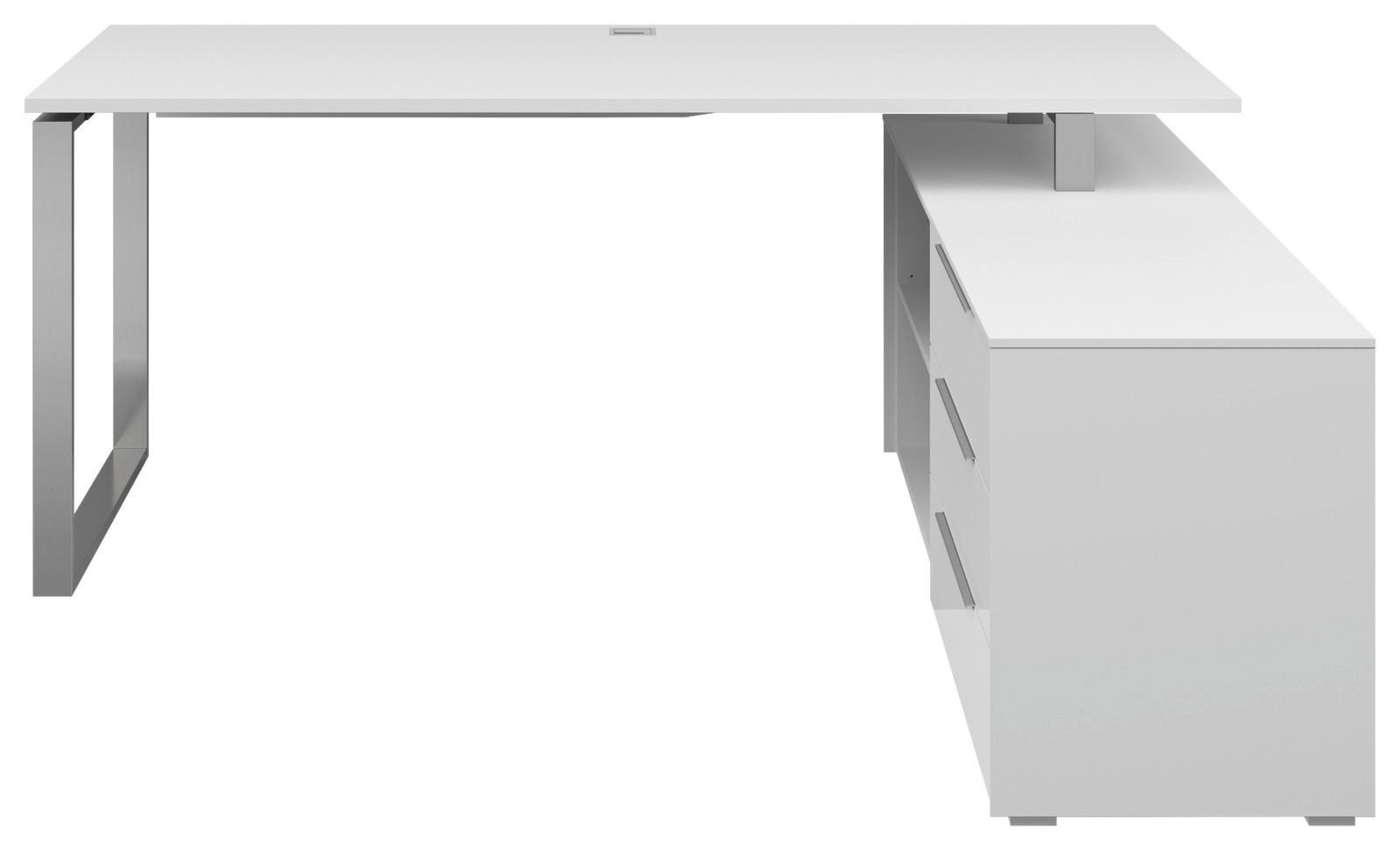 Moderner weißer Eckschreibtisch mit Metallbeinen und Schubladen, seitliche Perspektive