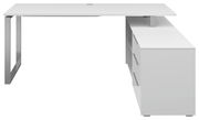Moderner weißer Eckschreibtisch mit Metallbeinen und Schubladen, seitliche Perspektive