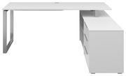 Moderner weißer Eckschreibtisch mit Metallbeinen und Schubladen, seitliche Perspektive
