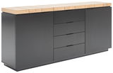 Modernes Sideboard mit dunkler Front und heller Holzplatte, seitliche Perspektive
