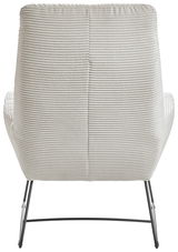 Rückansicht eines Sessels mit geripptem Stoffbezug und schlanken Metallbeinen.
