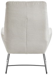 Rückansicht eines Sessels mit geripptem Stoffbezug und schlanken Metallbeinen.