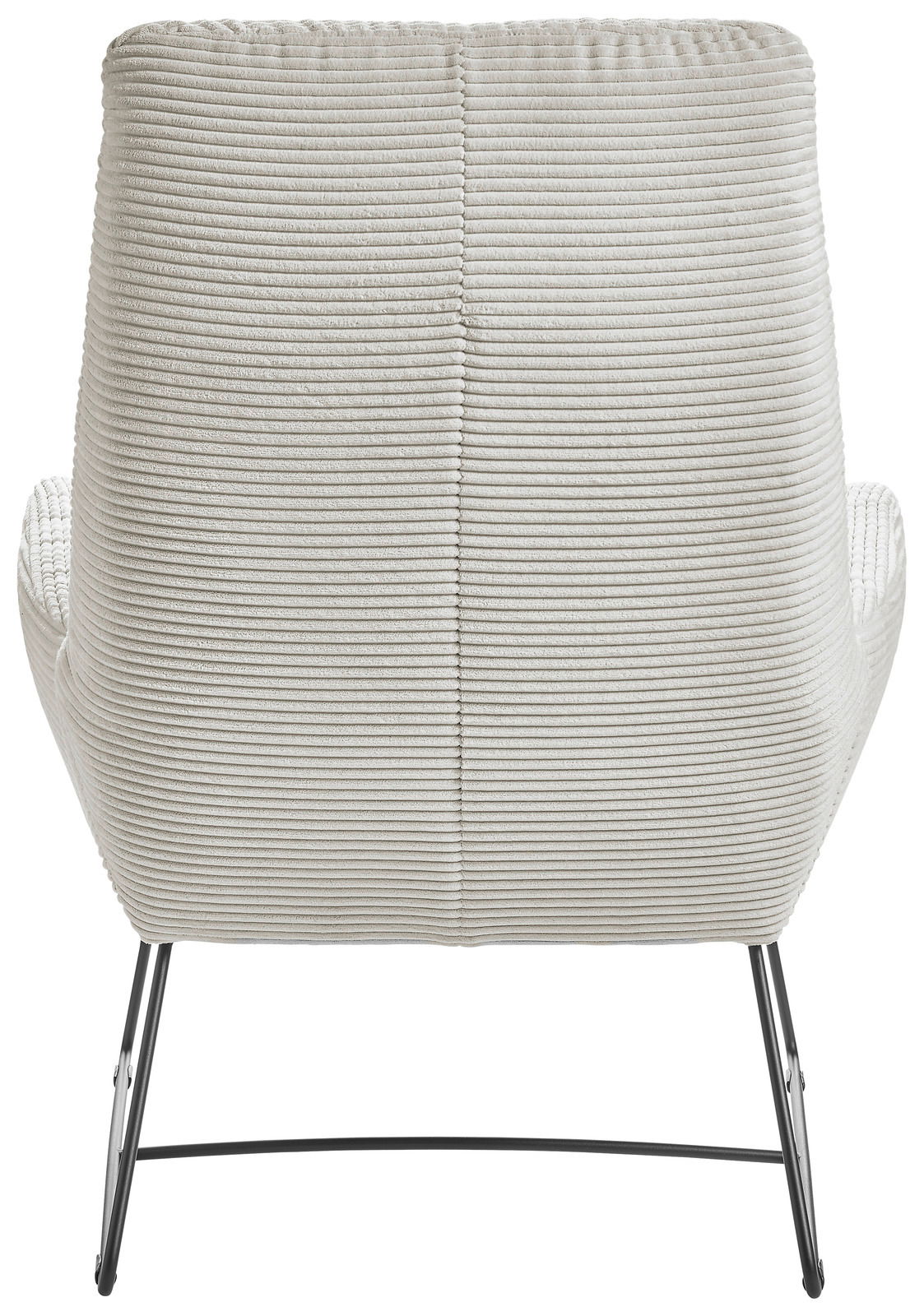 Rückansicht eines Sessels mit geripptem Stoffbezug und schlanken Metallbeinen.