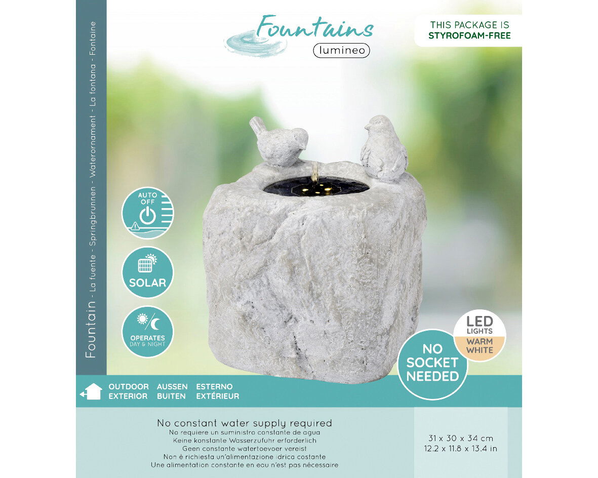 Vogeltränke Brunnen mit zwei Vögeln auf einem Stein, solarbetrieben, LED-Beleuchtung, Vorderansicht