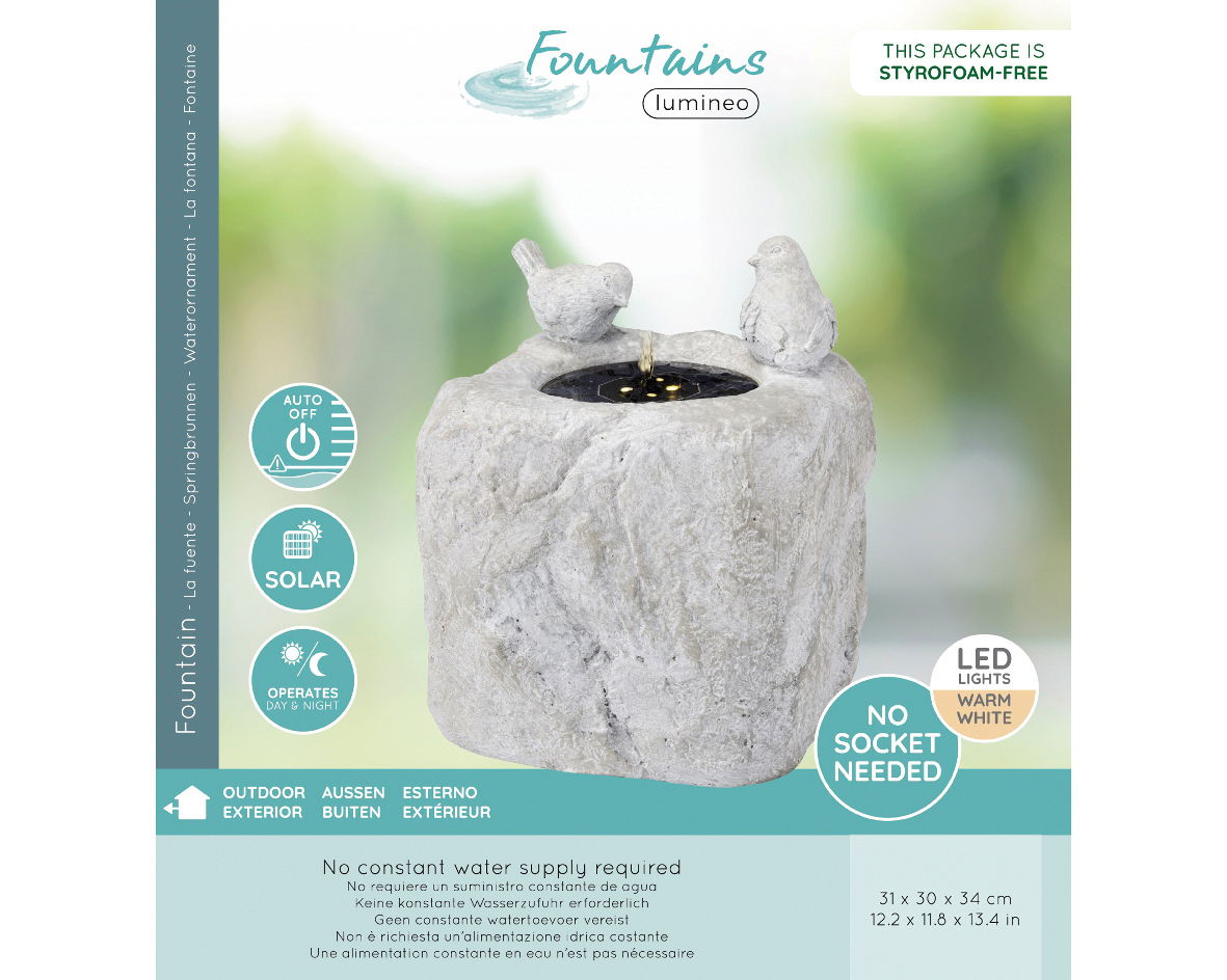 Vogeltränke Brunnen mit zwei Vögeln auf einem Stein, solarbetrieben, LED-Beleuchtung, Vorderansicht