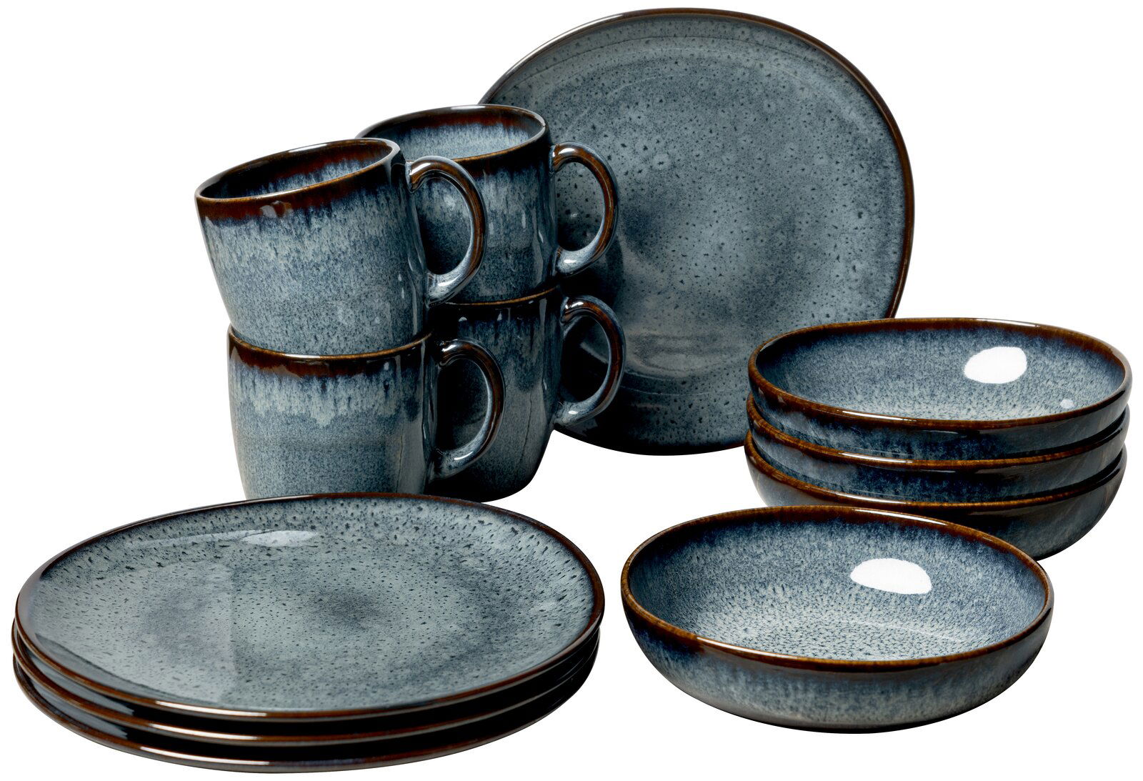 Like by Villeroy & Boch Frühstücks-Set 12tlg. LAVE GRIS Frontalansicht eines 12-teiligen Frühstücks-Sets aus Keramik in Blau- und Brauntönen, bestehend aus Tellern, Schalen und Tassen.