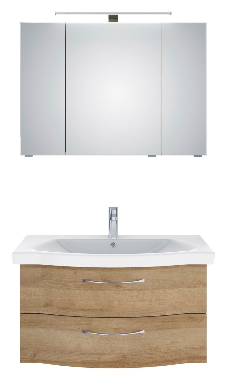 Pelipal Badblock SERIE 6005 SPRINT Frontale Ansicht eines modernen Badblocks mit Spiegelschrank und Waschbeckenunterschrank in Holzoptik.