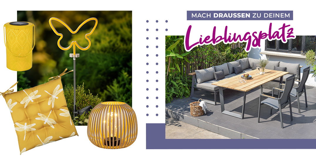 Gemütlicher Outdoor-Essplatz mit grauer Sitzgruppe, Holztisch, gelben Dekokissen, Solarleuchten und Gartenaccessoires für den Frühling