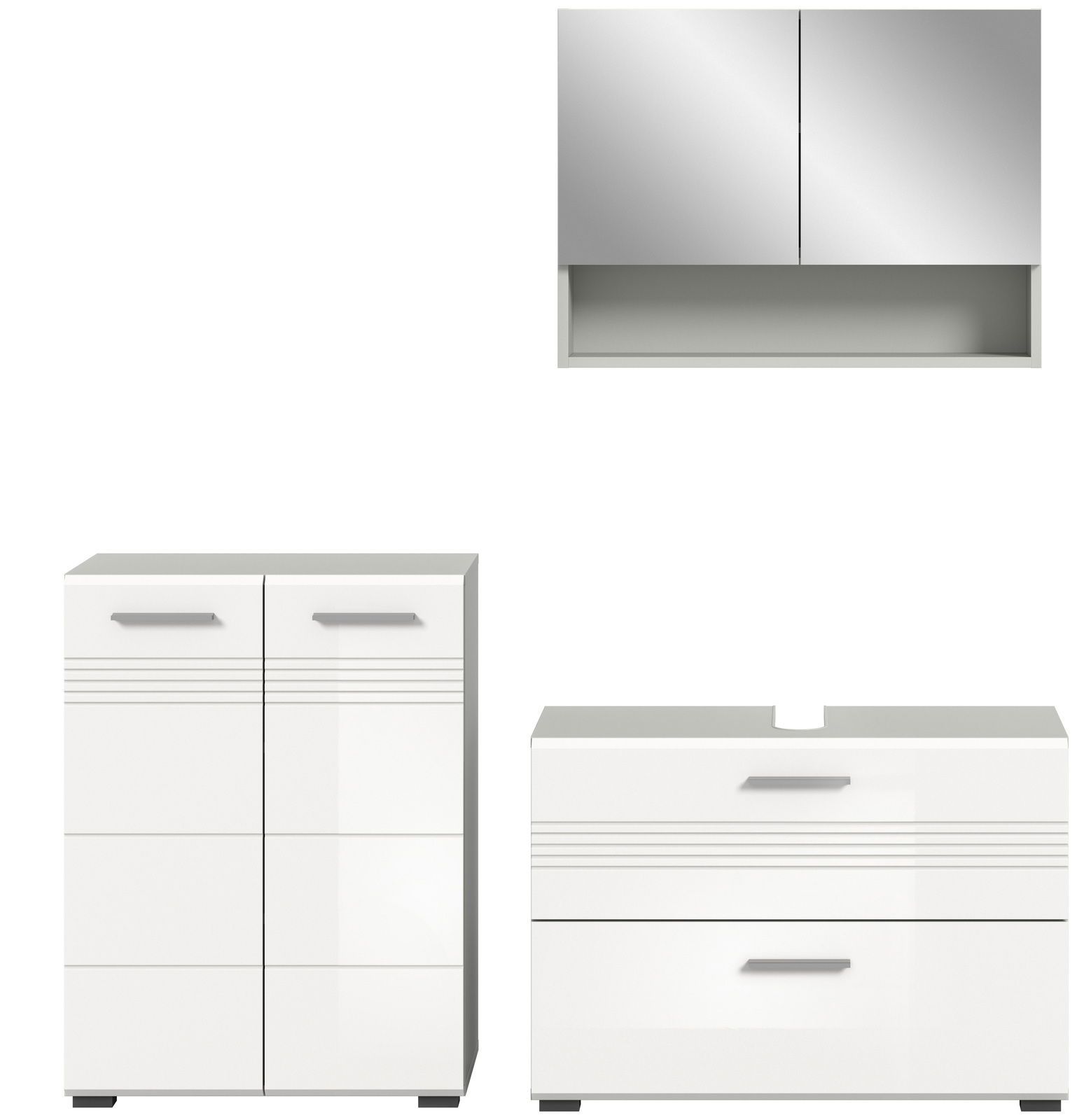 Moderne Badkombination in Weiß mit Spiegelschrank und Unterschränken, frontale Ansicht