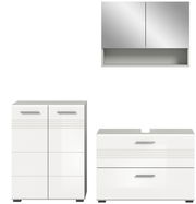 Moderne Badkombination in Weiß mit Spiegelschrank und Unterschränken, frontale Ansicht