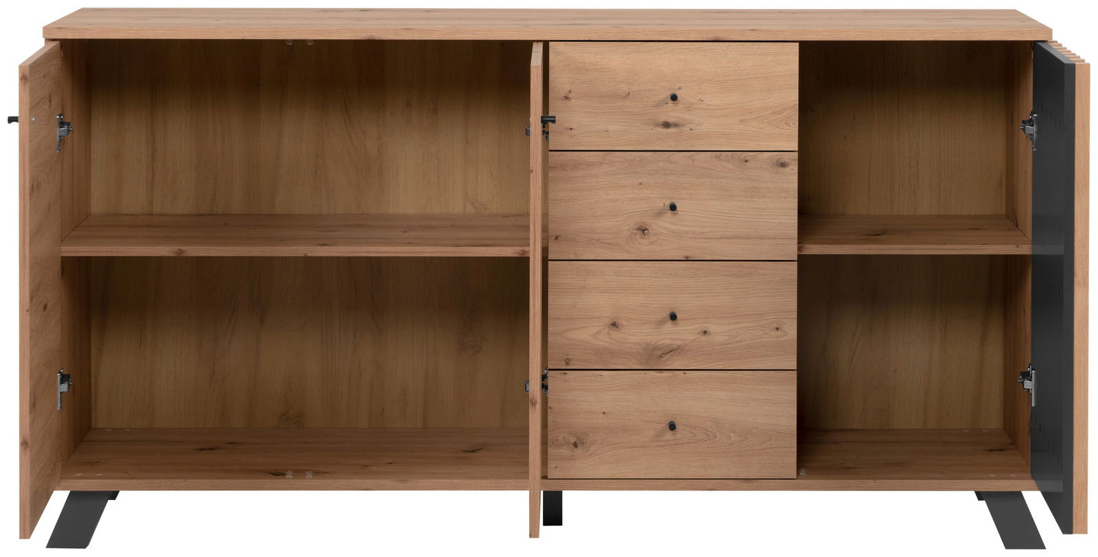Frontale Ansicht eines Sideboards aus Holz mit offenen Türen und Schubladen, die viel Stauraum bieten.