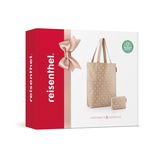Geschenkverpackung mit Cityshopper 2-Set in Kaffeefarbe, bestehend aus einer großen Tasche und einem kleinen Etui, aus recyceltem Material, seitliche Perspektive.