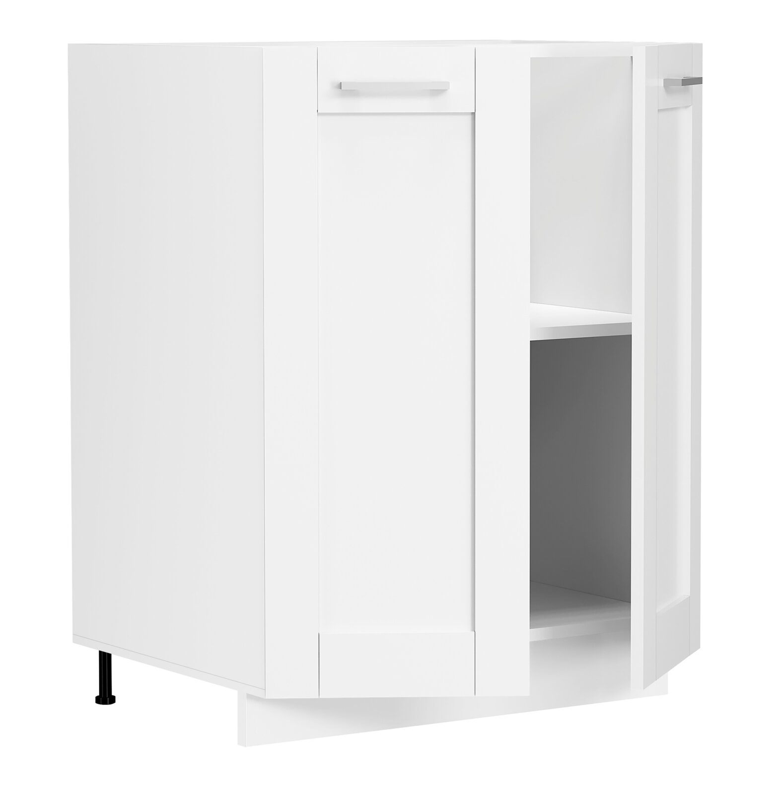 VCM Unterschrank 60 cm COLURA Weißer Badezimmer-Unterschrank mit Tür, Schublade und offenem Regalfach, freigestellt vor weißem Hintergrund, in leichter Seitenansicht von vorne (3/4-Perspektive)
