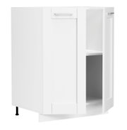 Weißer Badezimmer-Unterschrank mit Tür, Schublade und offenem Regalfach, freigestellt vor weißem Hintergrund, in leichter Seitenansicht von vorne (3/4-Perspektive)