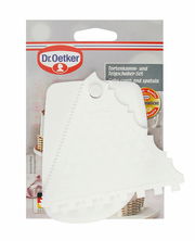 Tortenkamm und Teigschaber-Set von Dr. Oetker, Vorderansicht, weißes Kunststoffwerkzeug mit verschiedenen Kanten für Kuchendekoration.