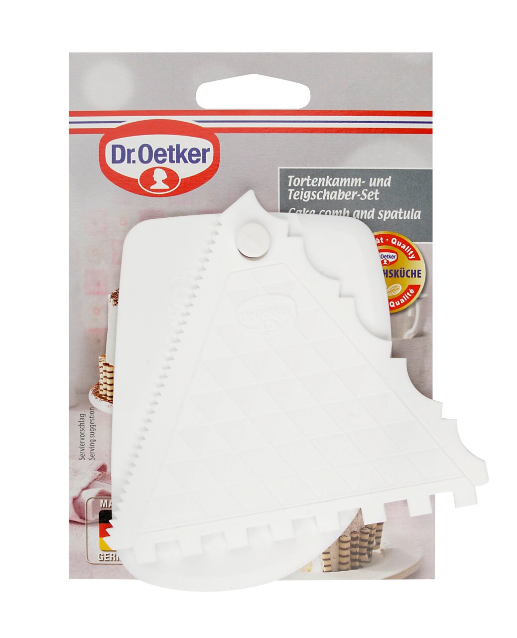 Taartkam en deegschraper-set van Dr. Oetker, vooraanzicht, witte kunststof gereedschappen met verschillende randen voor taartdecoratie.