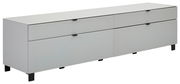 Modernes TV-Lowboard in Weiß mit zwei Schubladen und zwei Türen, seitliche Perspektive