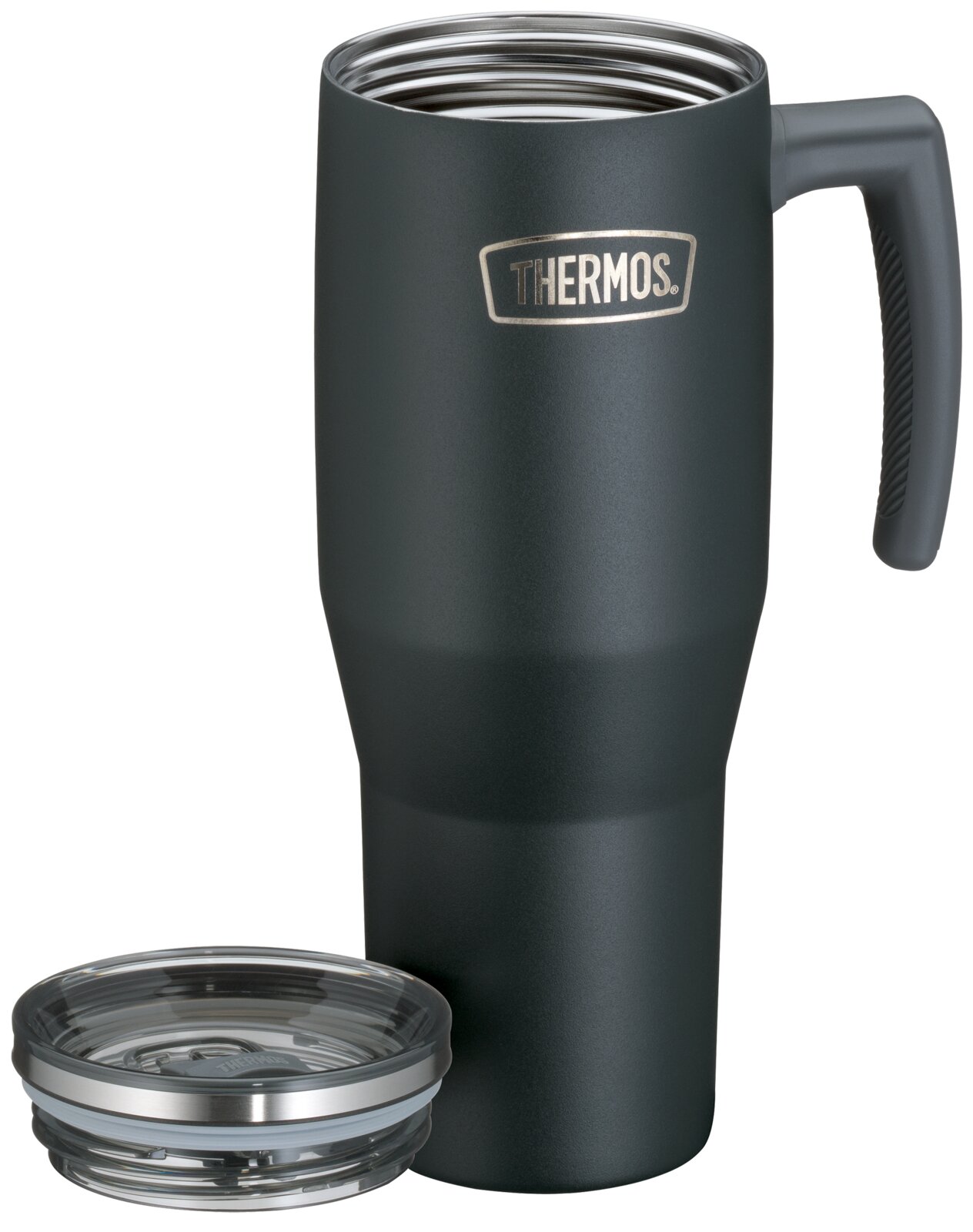 Donkergrijze Thermos-isoleerbeker van roestvrij staal met handgreep en transparant deksel, schuin van voren en iets van boven afgebeeld.