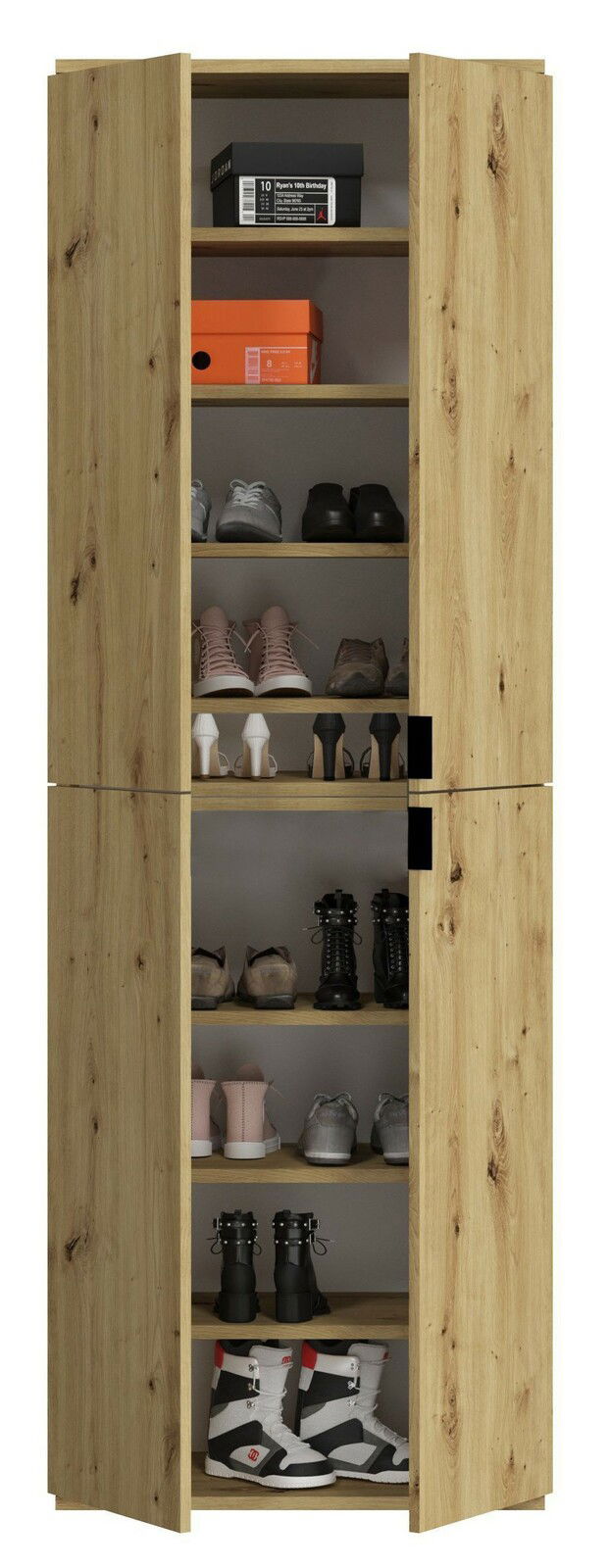 Holzschrank mit offenen Türen, gefüllt mit verschiedenen Schuhen und Schuhkartons, frontal betrachtet.