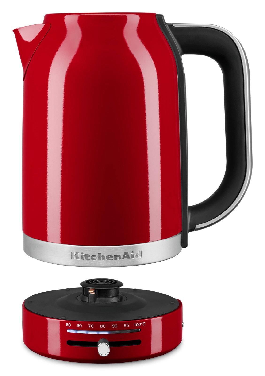 Roter Wasserkocher mit Temperaturregler, seitliche Perspektive