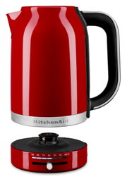 Roter Wasserkocher mit Temperaturregler, seitliche Perspektive