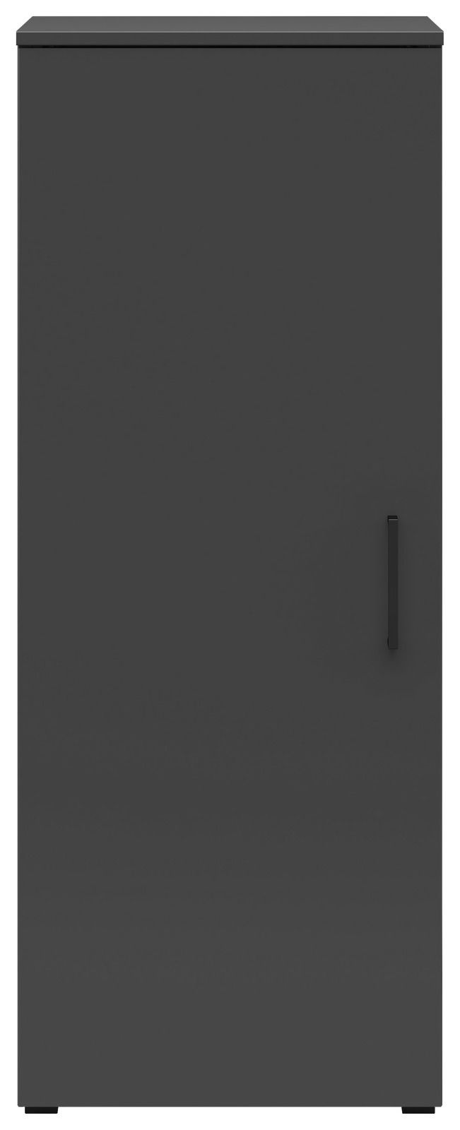 Schwarze Kommode mit einer Tür und einem Griff, frontal betrachtet.