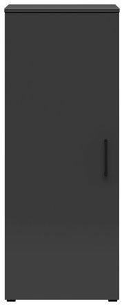 Schwarze Kommode mit einer Tür und einem Griff, frontal betrachtet.