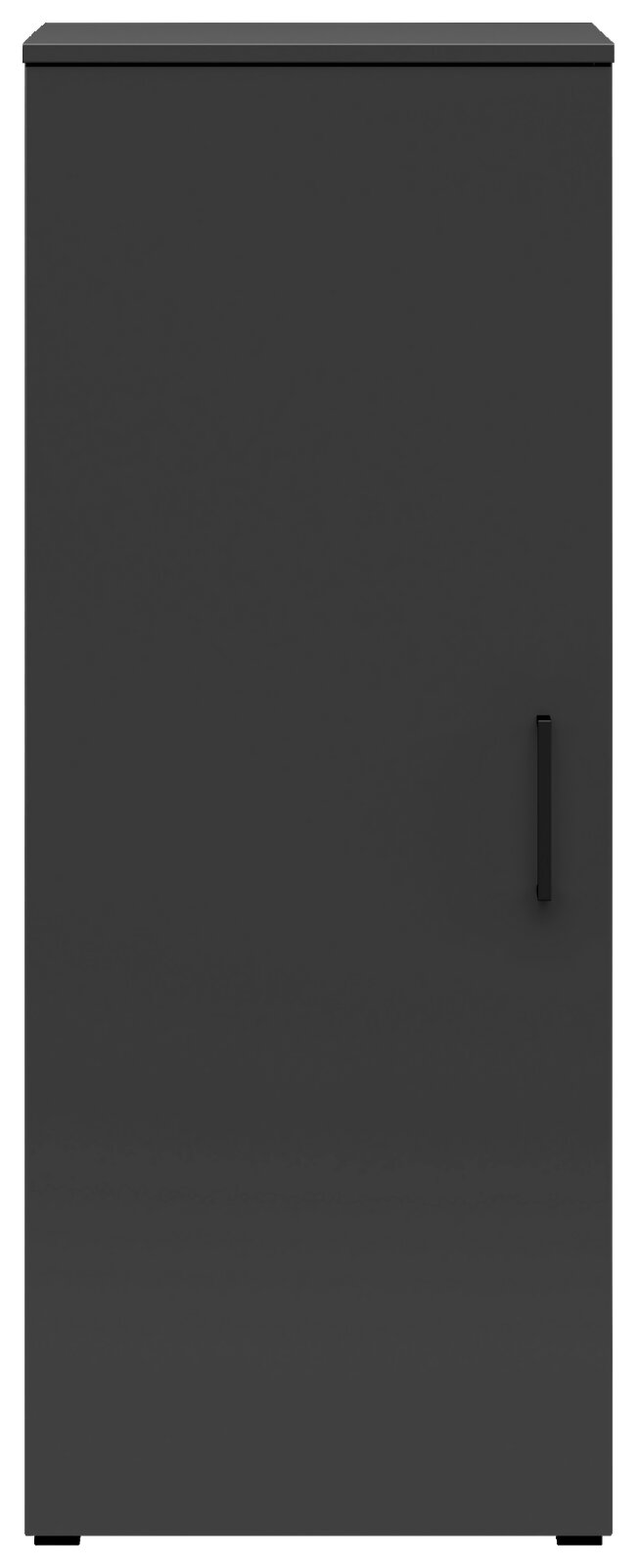 Schwarze Kommode mit einer Tür und einem Griff, frontal betrachtet.