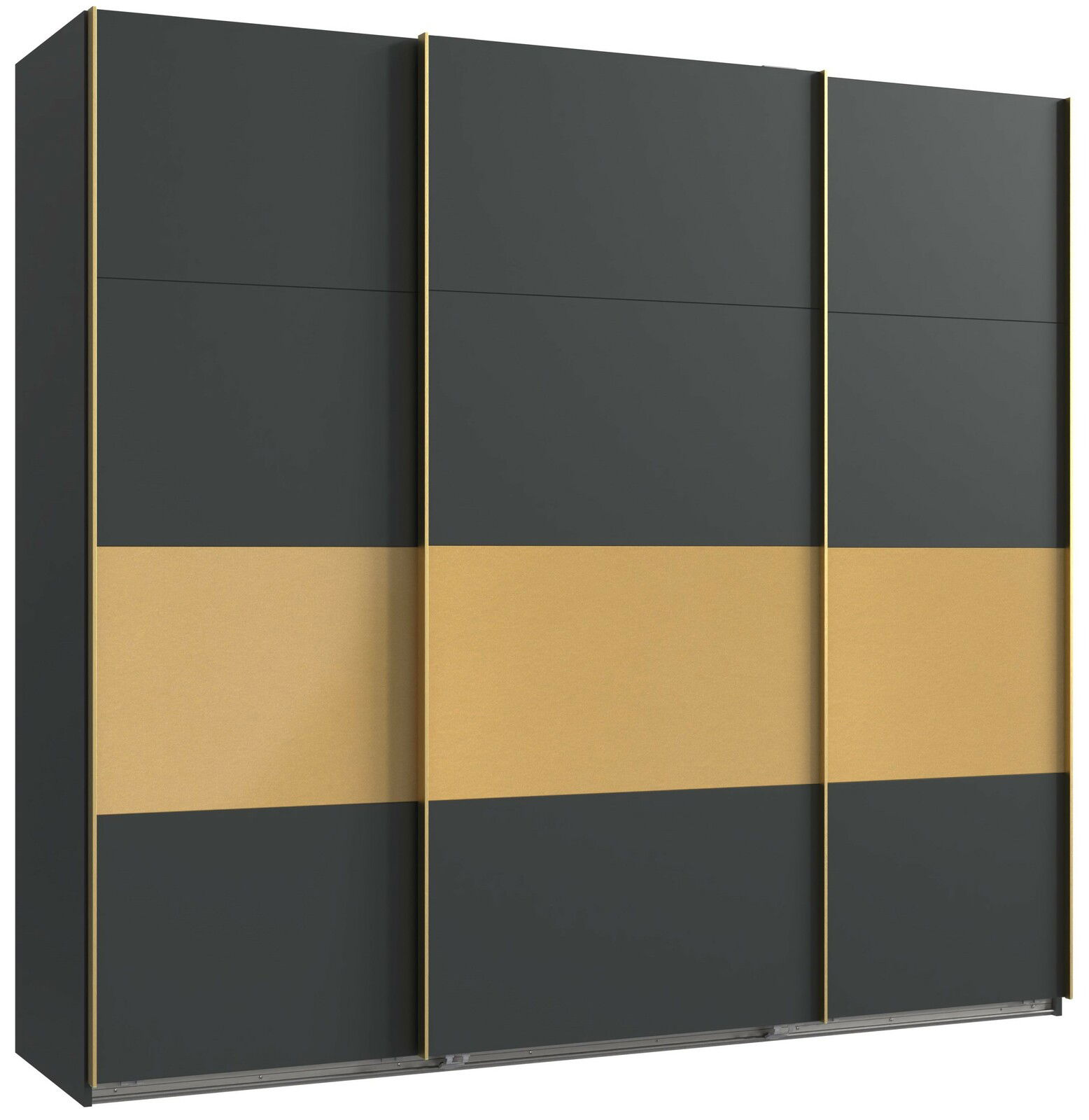 Moderner dreitüriger Schwebetürenschrank in Schwarz und Gold, Frontalansicht