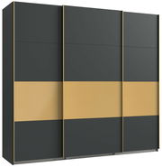 Moderner dreitüriger Schwebetürenschrank in Schwarz und Gold, Frontalansicht