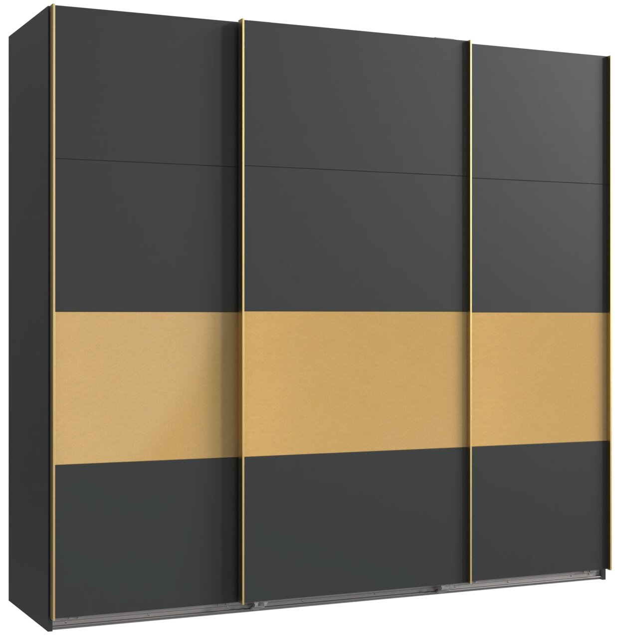 Moderner dreitüriger Schwebetürenschrank in Schwarz und Gold, Frontalansicht