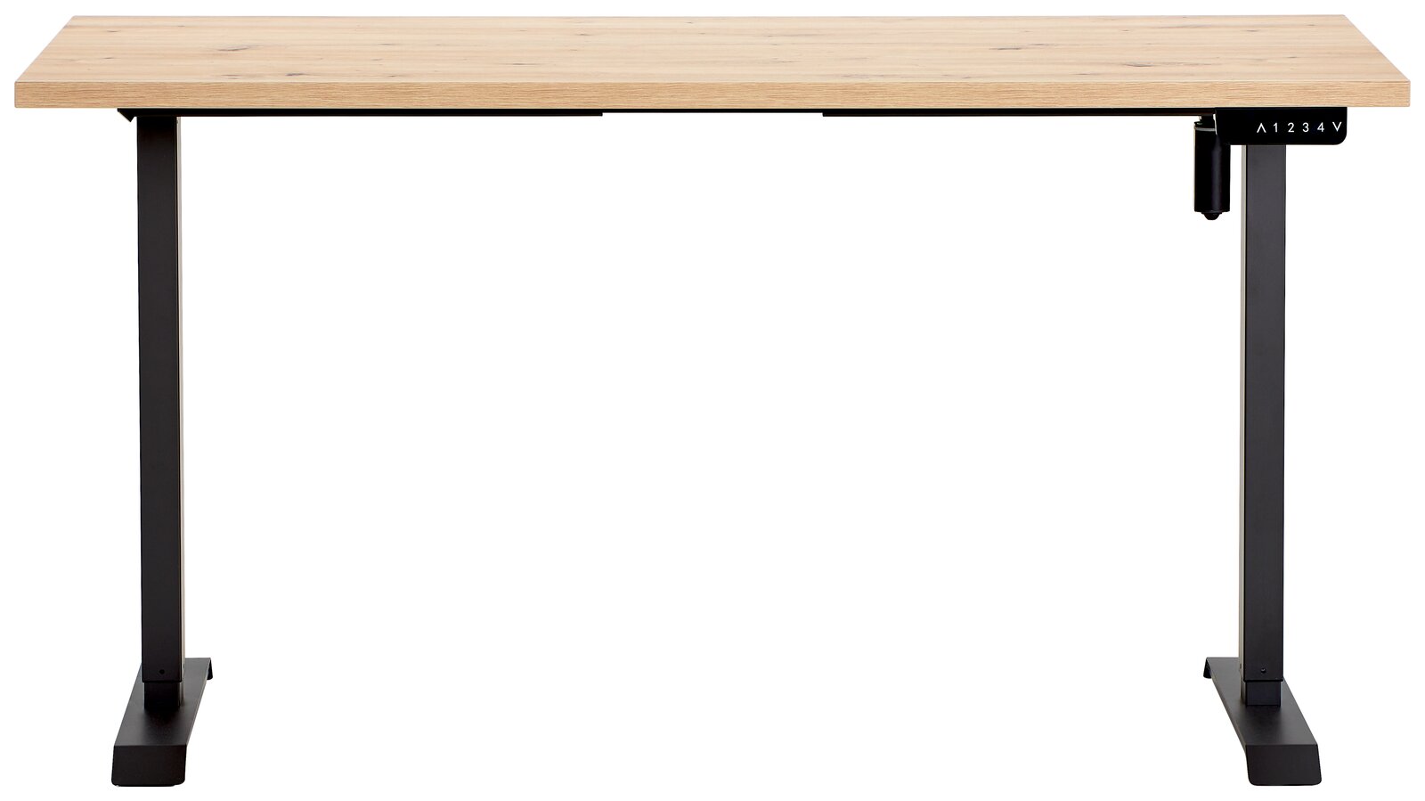 Elektrisches Fußgestell mit Holzplatte, frontale Ansicht