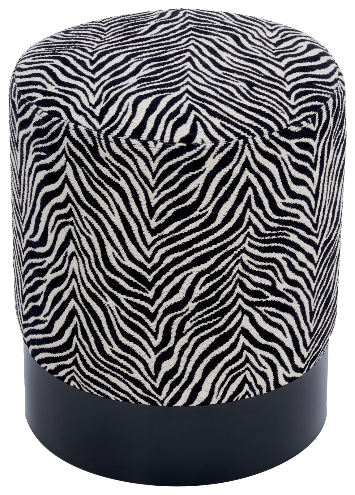 Cilindrische poef met een bekleding met zwart-wit zebraprint en een zwarte voet, vrijstaand tegen een witte achtergrond, vooraanzicht licht van bovenaf