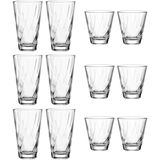 12-teiliges Becherset TWIST aus Glas, bestehend aus hohen und niedrigen Gläsern, frontal abgebildet.
